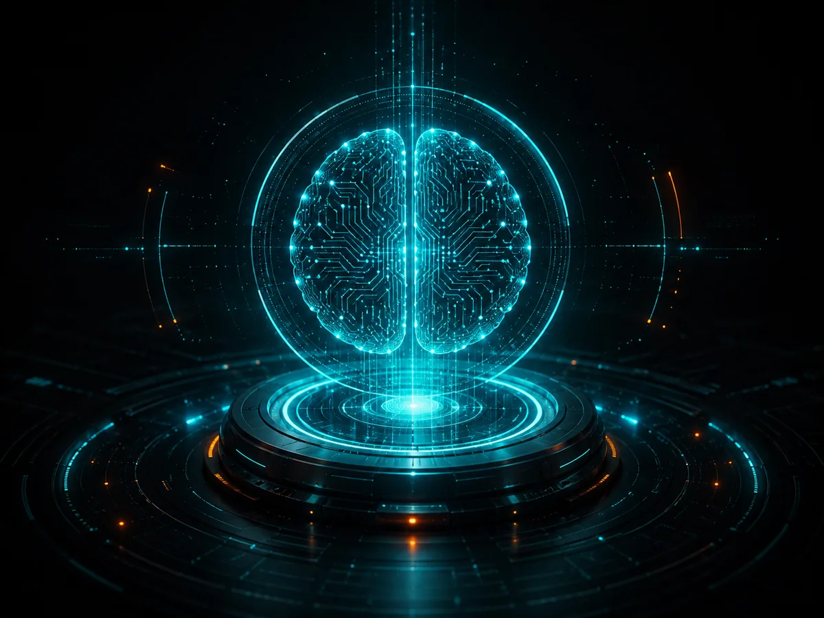 Holographic AI brain interface representing AI content review and evaluation.