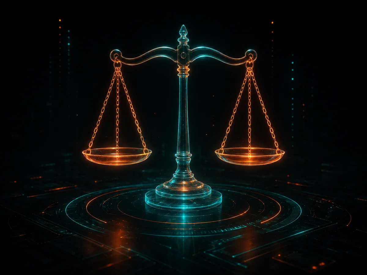 Futuristic glowing legal scales representing legal and compliance translation.