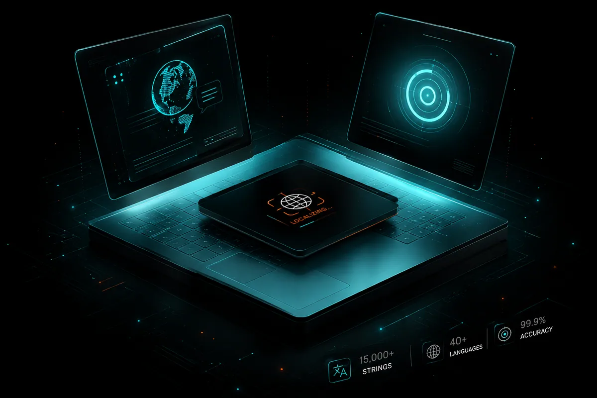 Futuristic product localization platform interface with glowing UI panels.